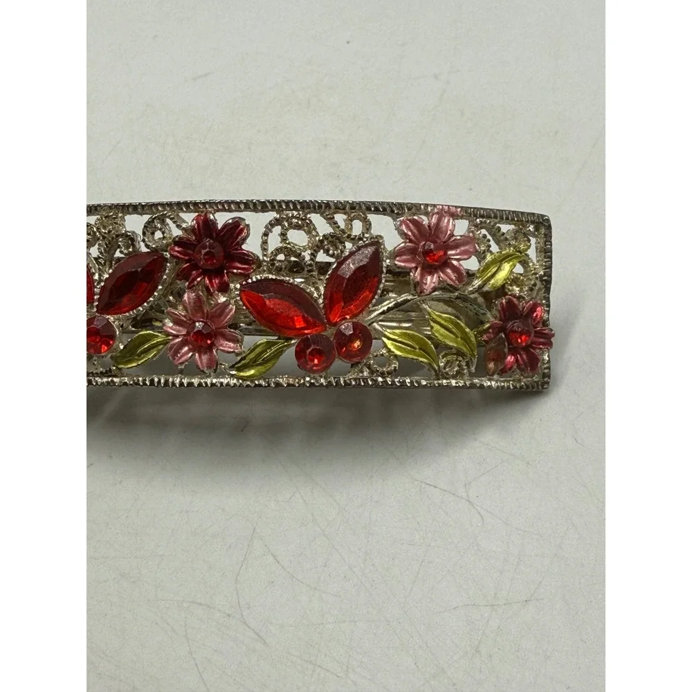 Vintage Floral Filigree Hair Barrette Red Rhinestone Enamel Flower Silver Tone
